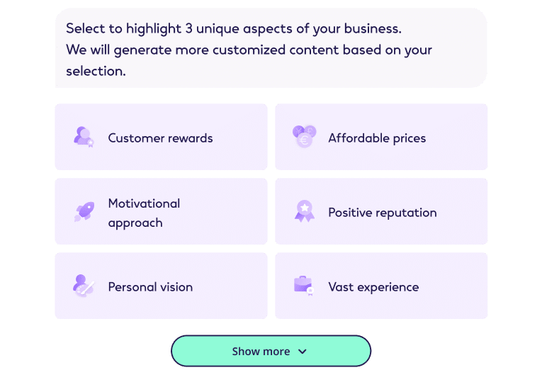 Web interface presenting options to select three unique aspects of a business for customized content generation, with choices including Customer rewards, Affordable prices, Motivational approach, Positive reputation, Personal vision, and Vast experience.