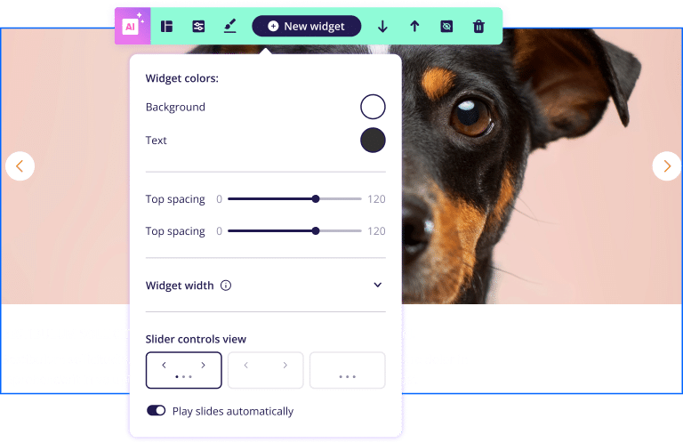 Customization interface of a website builder with a close-up of a dog's face on a slider widget, options to adjust widget colors, text, spacing, width, and a slider control view with an autoplay toggle.
