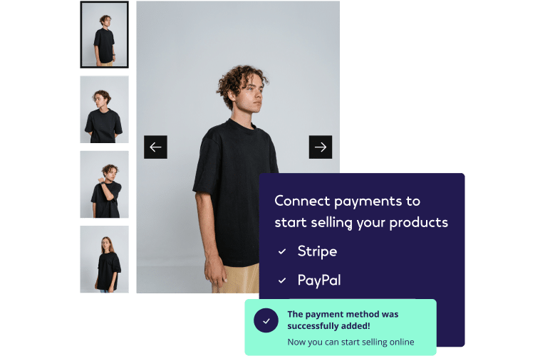 Online store setup page showing a clothing product carousel on the left and a notification on the right indicating successful addition of Stripe and PayPal as payment methods, with a message encouraging to start selling products online.