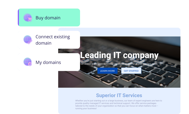 Website domain management interface with options to buy, connect, and manage domains on the left, and a promotional banner for a Leading IT company offering Superior IT Services on the right.