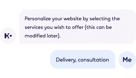 Website personalization interface with text inviting users to select services such as delivery and consultation that they wish to offer on their site, with the option to modify these choices later.