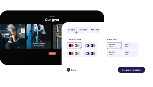 Website design customization tool displaying a gallery preview of a gym website on the left, and options for choosing design styles, color palettes, and font pairs on the right with a 'Create my website' button.