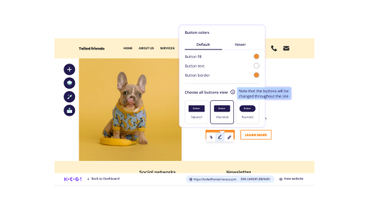 Web design interface with a cute French Bulldog on a yellow background, featuring button customization options for default and hover states, including color, fill, text, and border with different styles like square, rounded, and circular.