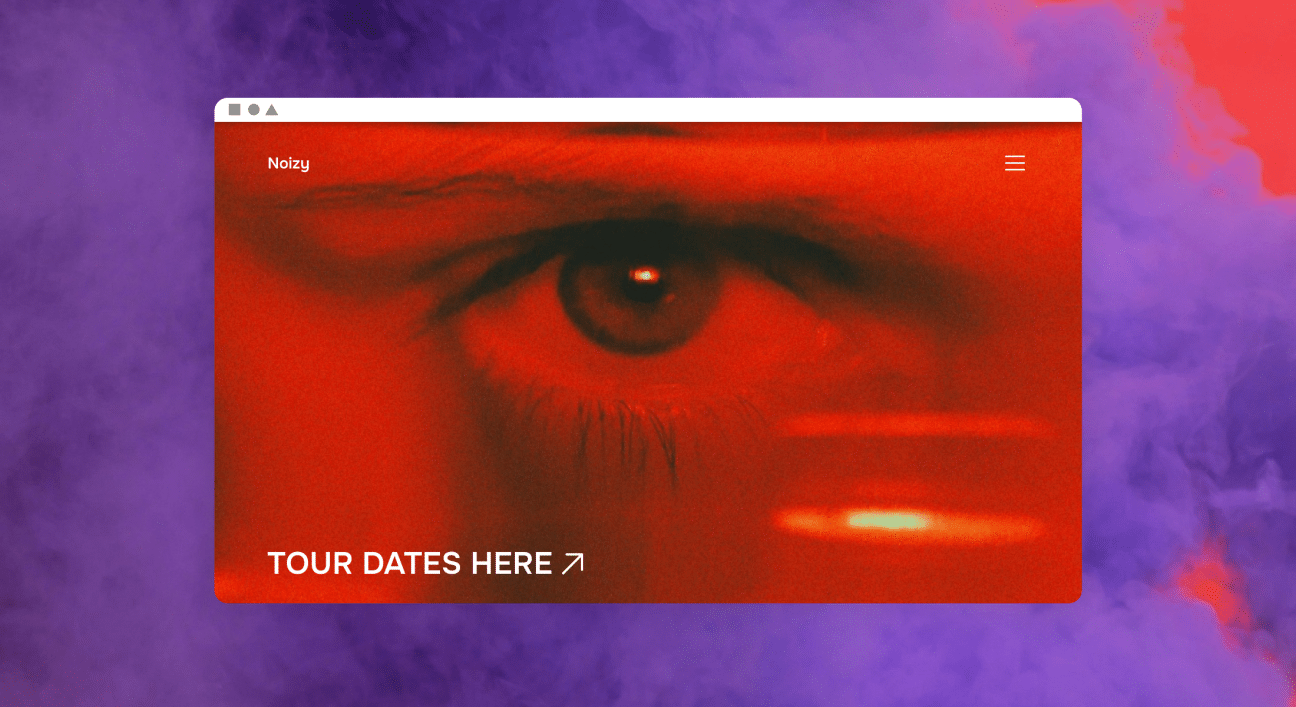 The image appears to be a promotional graphic for an artist or band named "Noizy." It features an intense close-up of an eye with an orange-red filter over the image, creating a dramatic and somewhat mysterious atmosphere. The background has an abstract blend of purple and red smoke-like textures, enhancing the edgy aesthetic of the graphic. On the bottom of the graphic, in bold, capitalized text against a red overlay, it says "TOUR DATES HERE," indicating a call to action where one can presumably click or tap to find out more about the tour schedule.