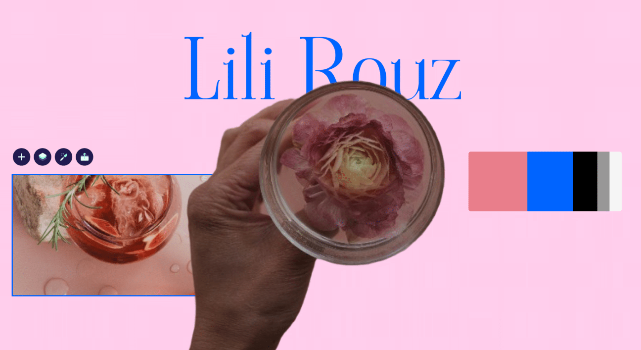 The image is a stylized graphic that includes a mix of visual elements on a pink background. The focal point is the text "Lili Rouz" in a large, elegant blue font, suggesting it could be the name of a person, brand, or product. In the foreground, a hand holds a glass containing a pink drink and a bloomed rose, adding a touch of sophistication and natural beauty. The aesthetic indicates a refined, possibly luxury theme.Below the glass, there are social media interaction icons such as a plus sign, a speech bubble, a heart, and a bookmark, implying this could be a post from a social media platform. To the right, there's a color palette with coral pink, royal blue, black, and two shades of gray, likely representing the brand or theme colors for "Lili Rouz."