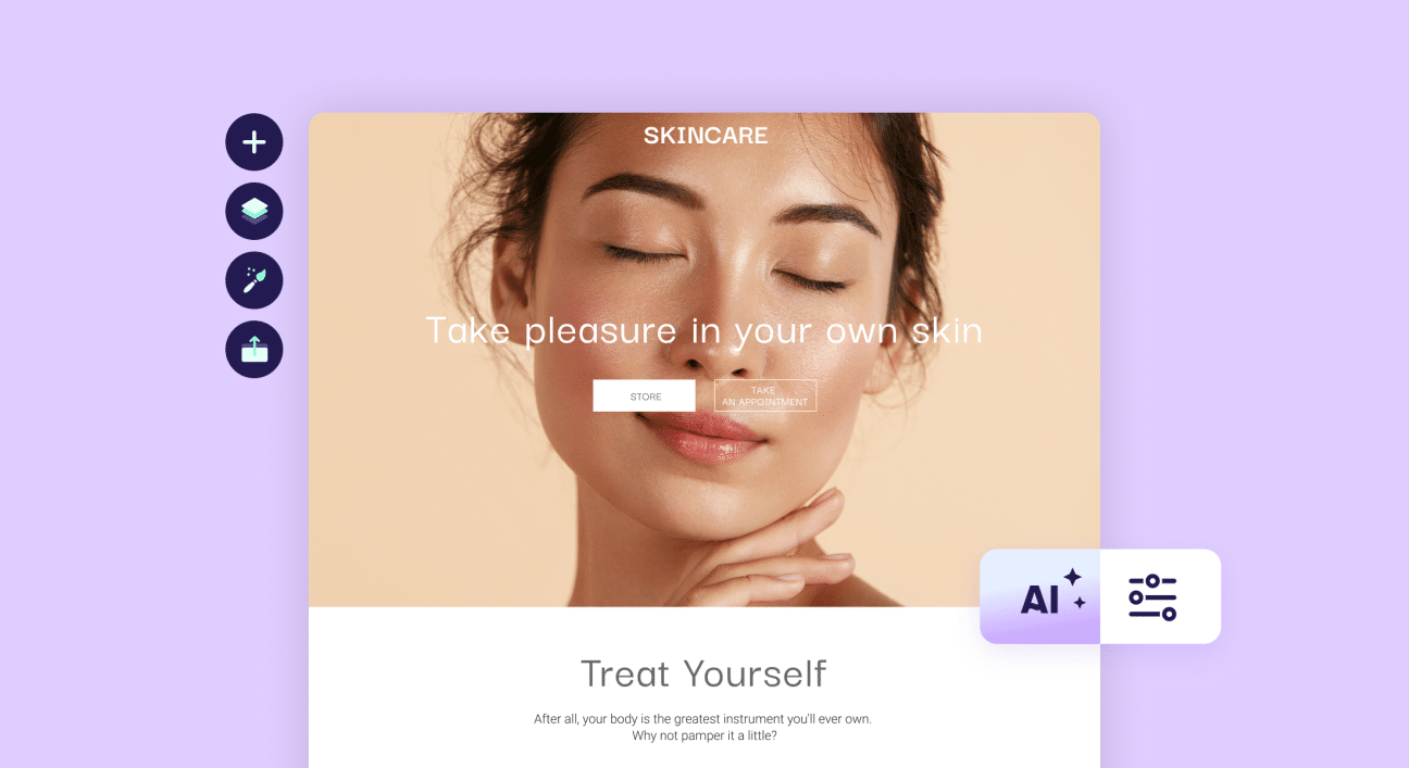 A serene and elegant skincare website interface on a soft purple backdrop. The visual focus is a close-up image of a content woman with closed eyes, suggesting relaxation and satisfaction with her skin. Two prominent calls-to-action read 'STORE' and 'TAKE AN APPOINTMENT', inviting user engagement. A tagline 'Take pleasure in your own skin' sits above, while below, a reassuring phrase 'Treat Yourself' with a subtext 'After all, your body is the greatest instrument you'll ever own. Why not pamper it a little?' encourages self-care. On the left side, user interface icons such as a plus sign, books, a moon, a download symbol, and a shopping cart suggest additional website functionality.