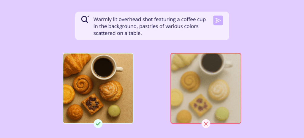 AI Website Design for Small Businesses. Image showing an AI image generation prompt for pastries and coffee. On the left, the successful output with a green check. On the right, a less successful, blurred output with a red 'X'.