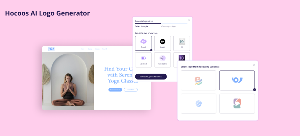 AI Website Design for Small Businesses. Hocoos AI Logo Generator interface showing logo generation options and a website preview (yoga-related) with a sample logo.