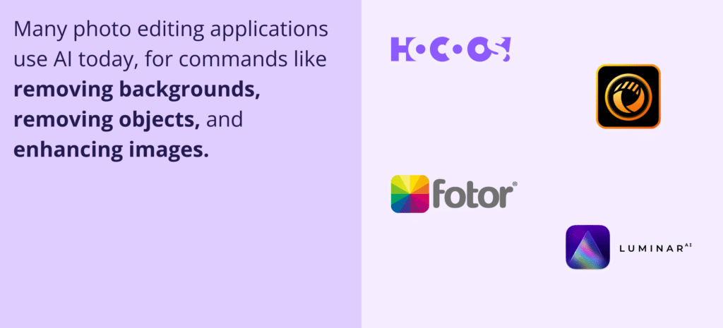 AI Website Design for Small Businesses. Image showing text about AI in photo editing (background removal, object removal, enhancement) alongside logos for Hocoos AI, a stylized eye app representing a photo editor, and other applications.