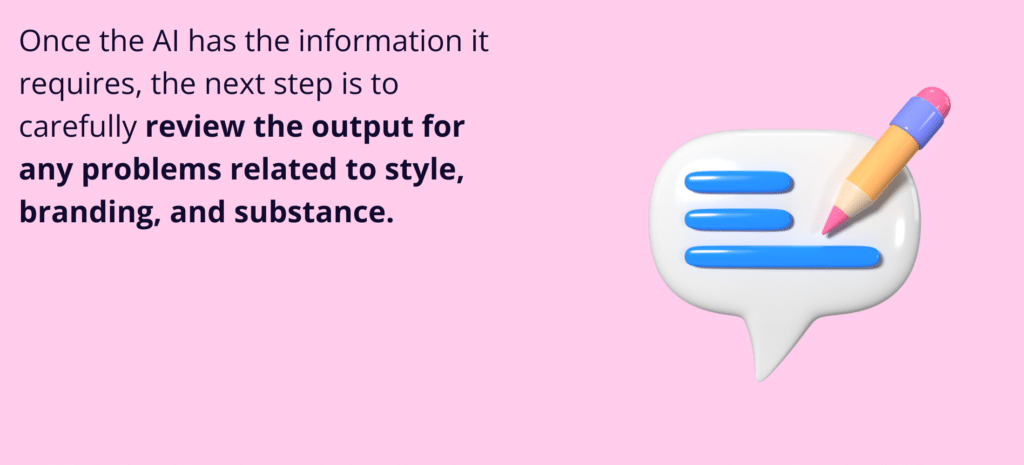 AI Website Design for Small Businesses. Icon of a speech bubble with text lines and a pencil, next to text about reviewing AI output for style, branding, and substance.
