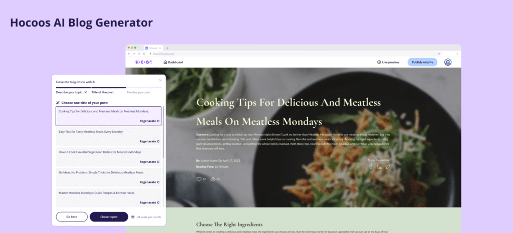 AI Website Design for Small Businesses. Hocoos AI Blog Generator interface showing options for generating blog posts and a preview of a post titled 'Cooking Tips For Delicious And Meatless Meals On Meatless Mondays'.