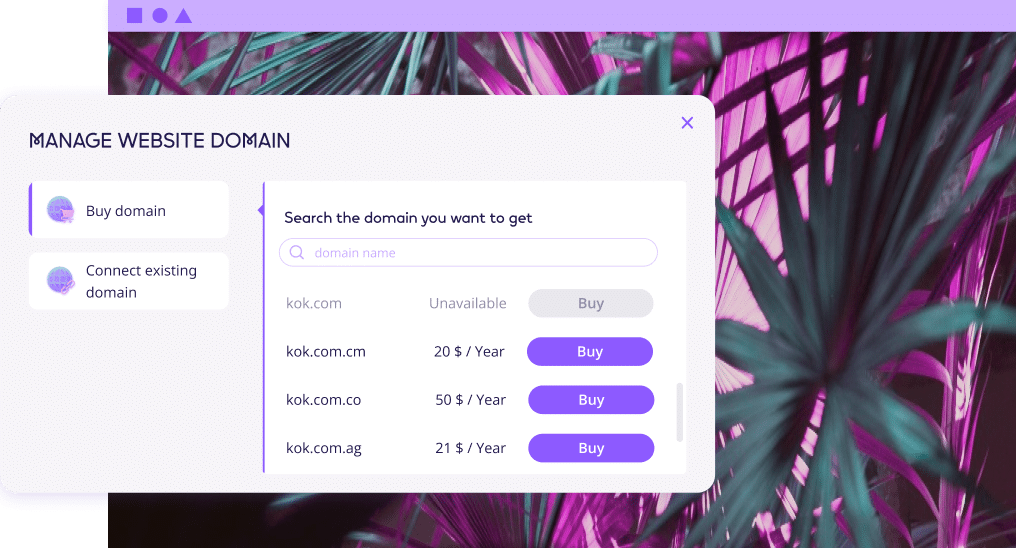 A domain management interface with options to buy or connect an existing domain. The screen shows a search bar for domain names and pricing for available options like kok.com.cm and kok.com.co.