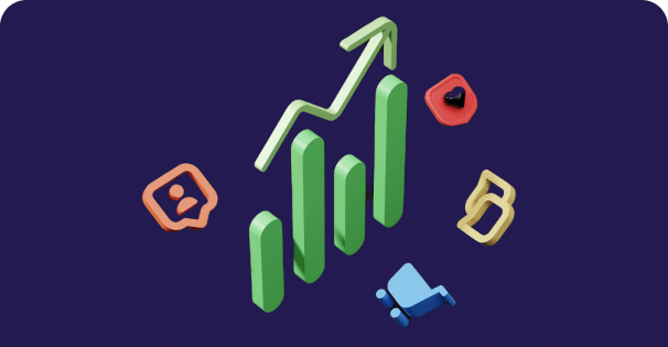 Digital Marketing basics for small business owners. A bar graph with an upward arrow indicating growth, surrounded by social media icons, suggesting increasing social media engagement.