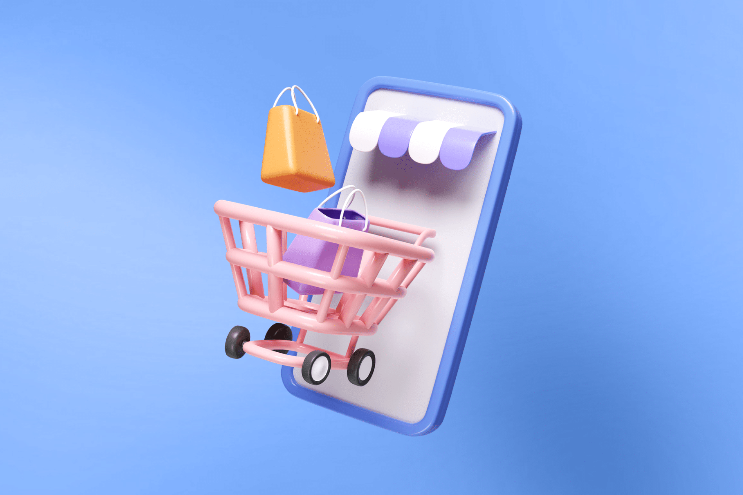 Ecommerce for small businesses owners. A smartphone with a shopping cart and shopping bags