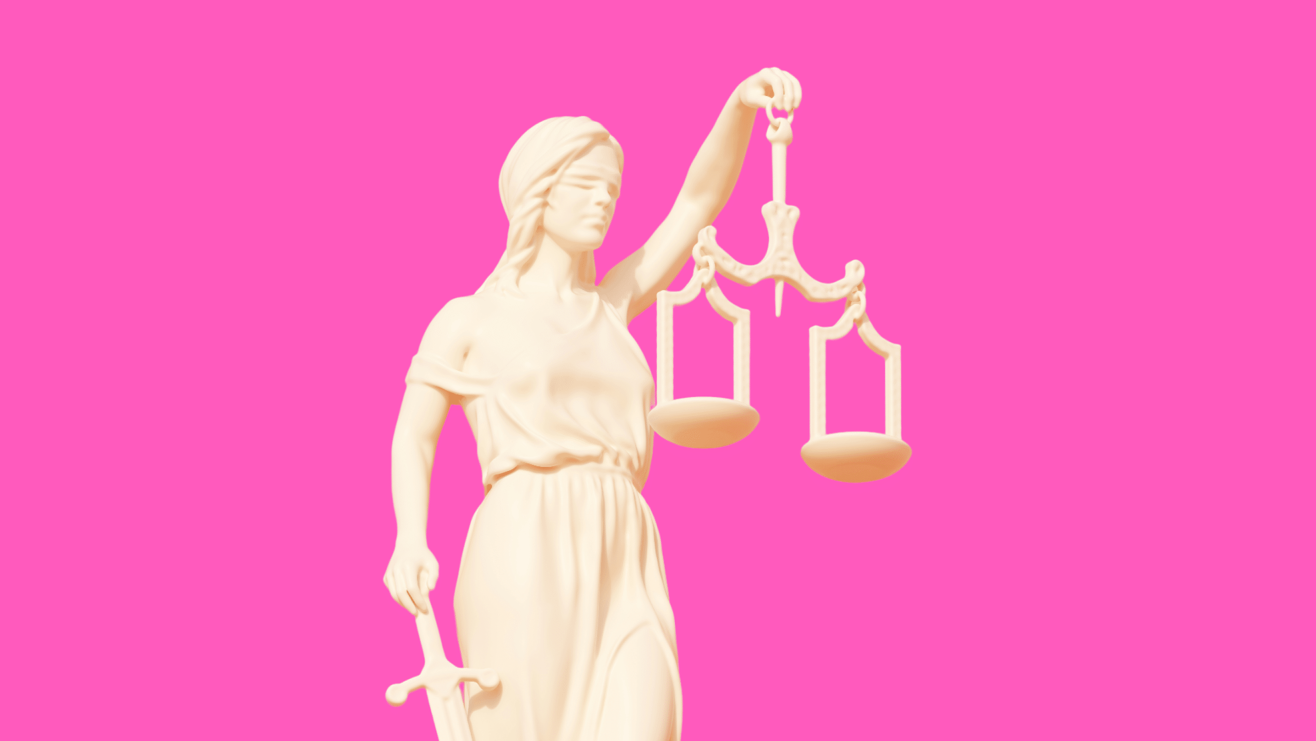 Legal and ethical considerations for small business owners. A statue of Lady Justice, blindfolded and holding a balanced scale and a sword, stands against a bright pink background.