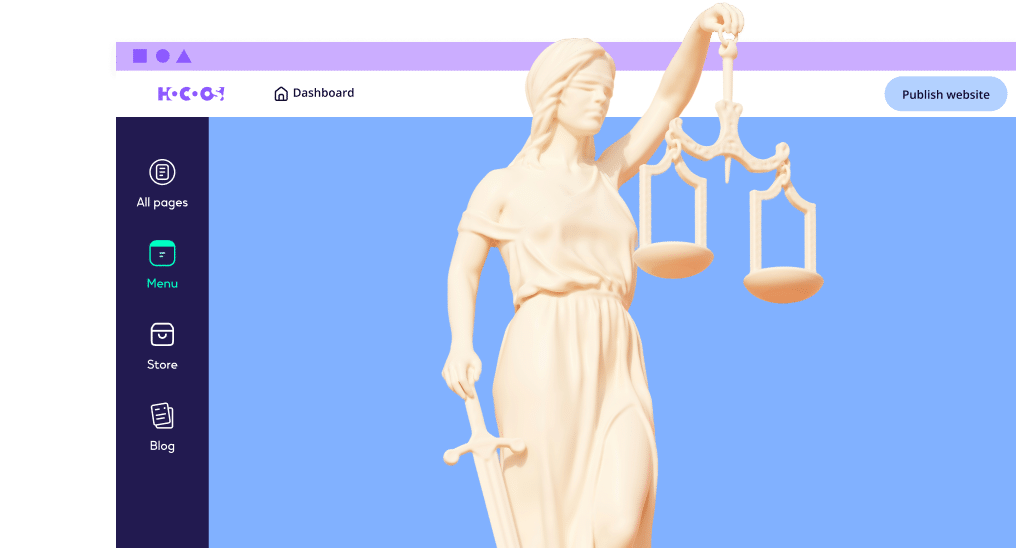 Legal and ethical considerations for small business websites. A digital illustration featuring Lady Justice holding a balanced scale in one hand and a sword in the other, set against a light blue background.