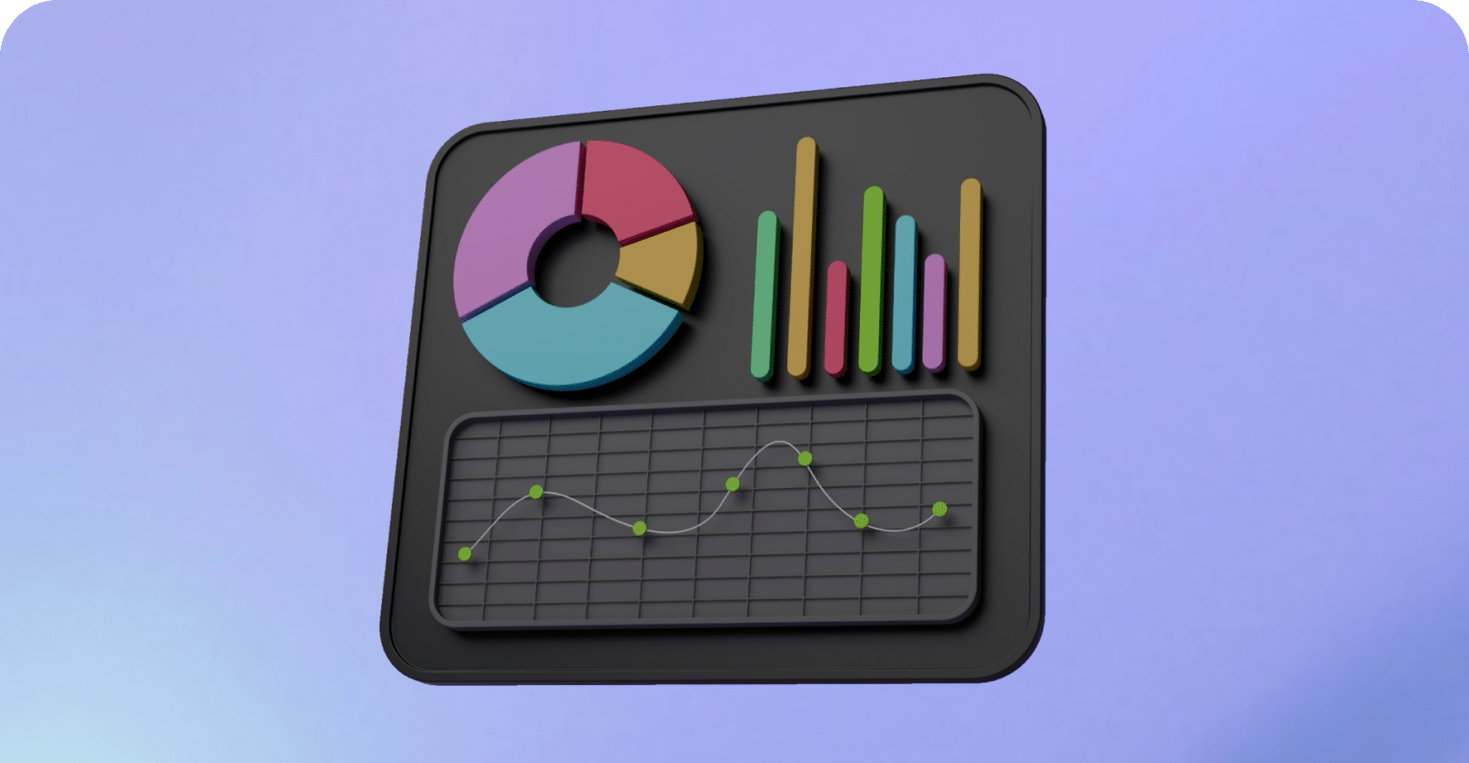 Website analytics and tracking for small business website. A dashboard displaying a colorful pie chart on the top left, a bar graph on the top right, and a line graph plotted over a grid below.