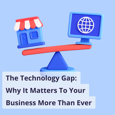 AI website builder for small business owners. A balance scale with a small shop icon on one side and a computer monitor with a globe icon on the other. The text reads: 'THE TECHNOLOGY GAP: Why It Matters To Your Business More Than Ever'.