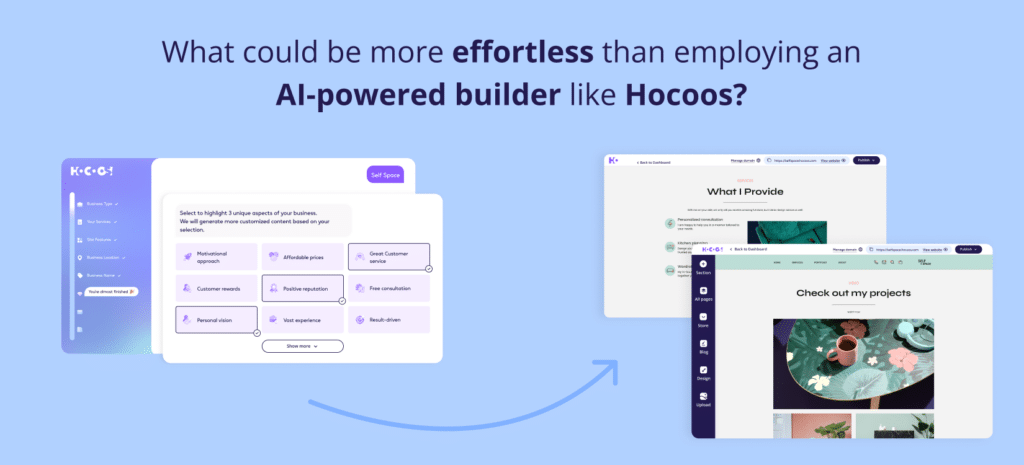 Creador de sitios web con IA. Una imagen titulada "¿Qué podría ser más sencillo que usar un creador con tecnología IA como Hocoos?" muestra dos interfaces de sitio web: una para la configuración con opciones personalizables y otra que muestra vistas previas del contenido del sitio web, incluyendo "Lo que ofrezco" y "Consulta mis proyectos."