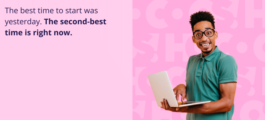 AI website builder. A man in glasses and a green polo shirt stands against a pink background, holding a laptop and smiling widely. Text reads: "The best time to start was yesterday. The second-best time is right now."