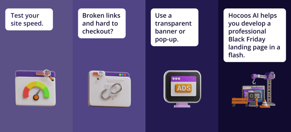 How Small Businesses Can Win Big on 2025 Black Friday. Four icons illustrating website tips: Speedometer icon for "Test your site speed," broken link icon for "Broken links and hard to checkout?", monitor with an 'ADS' banner for "Use a transparent banner or pop-up," and a construction scene icon for "Hocoos AI helps you develop a professional Black Friday landing page in a flash."