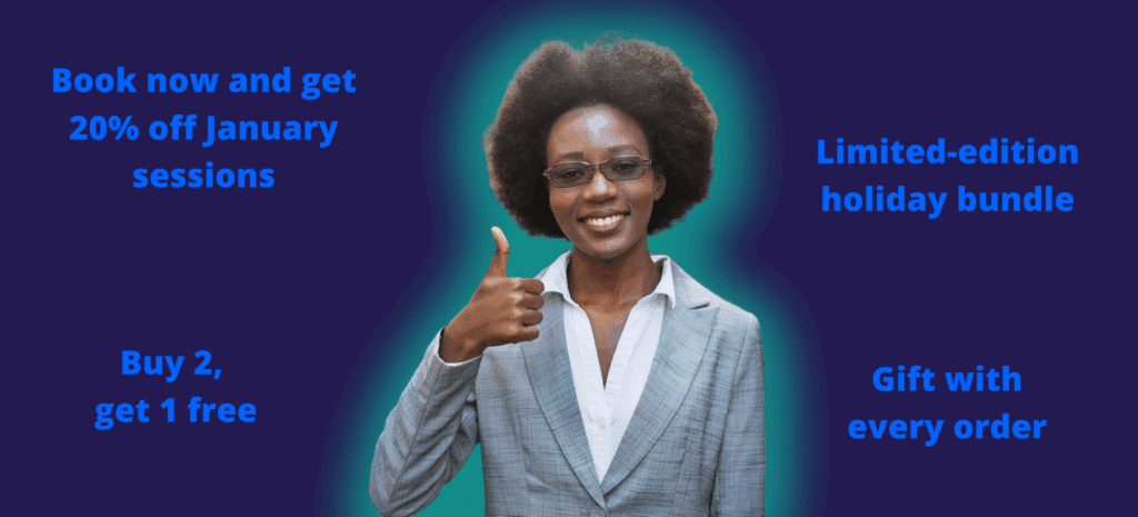 How Small Businesses Can Win Big on 2025 Black Friday. A businesswoman smiling and giving a thumbs-up, surrounded by four promotional offers: "Book now and get 20% off January sessions," "Limited-edition holiday bundle," "Buy 2, get 1 free," and "Gift with every order."