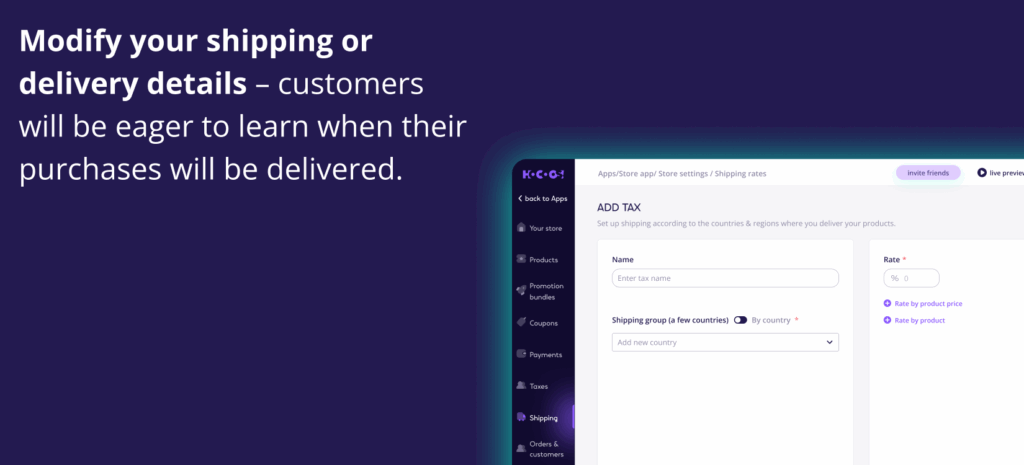 How Small Businesses Can Win Big on 2025 Black Friday. Screenshot of a website's 'Shipping' and 'Taxes' settings interface, showing fields to add tax rates and set up shipping groups for different countries. The accompanying text reads: "Modify your shipping or delivery details – customers will be eager to learn when their purchases will be delivered."