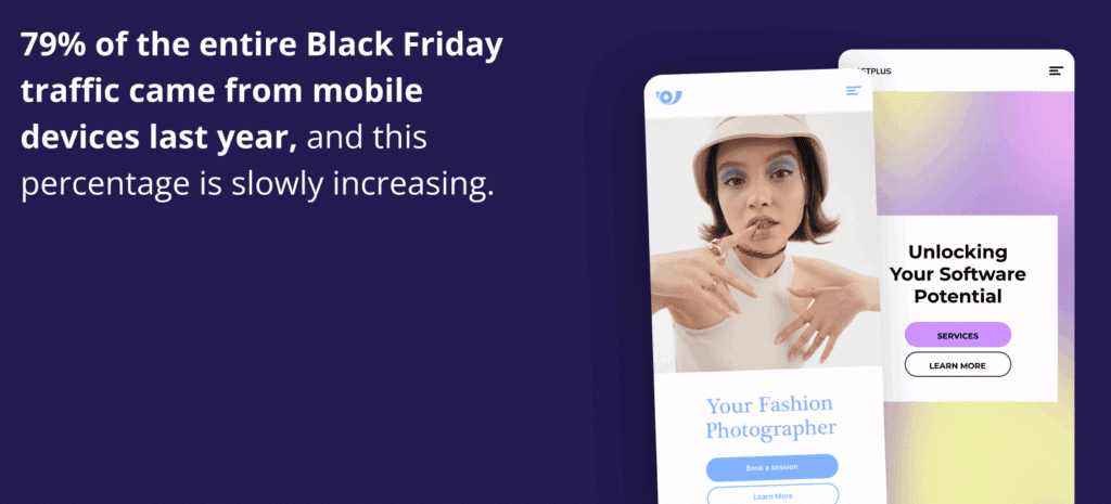 How Small Businesses Can Win Big on 2025 Black Friday. A close-up screenshot of a mobile website interface displaying a fashion page and software services, illustrating the text: "79% of the entire Black Friday traffic came from mobile devices last year, and this percentage is slowly increasing."