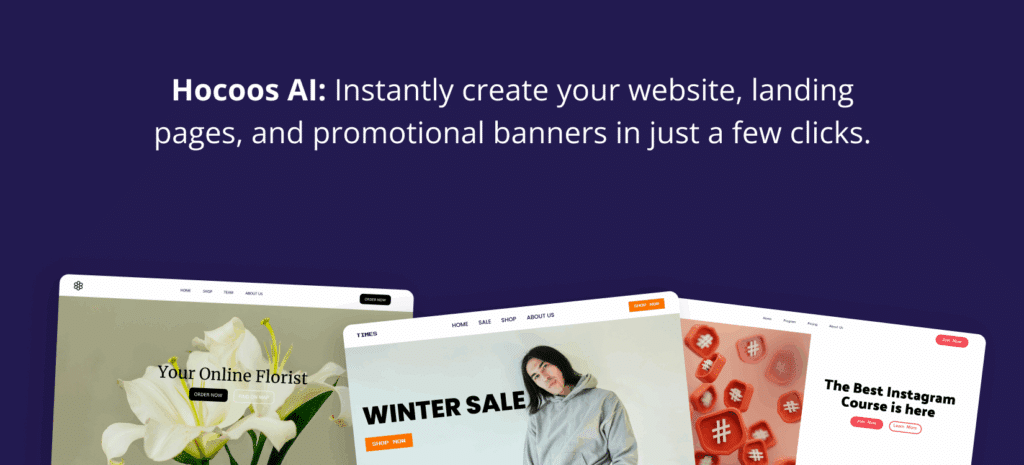 How Small Businesses Can Win Big on 2025 Black Friday. Three mockups of diverse websites (florist, apparel, course) demonstrating the text: "Hocoos AI: Instantly create your website, landing pages, and promotional banners in just a few clicks."