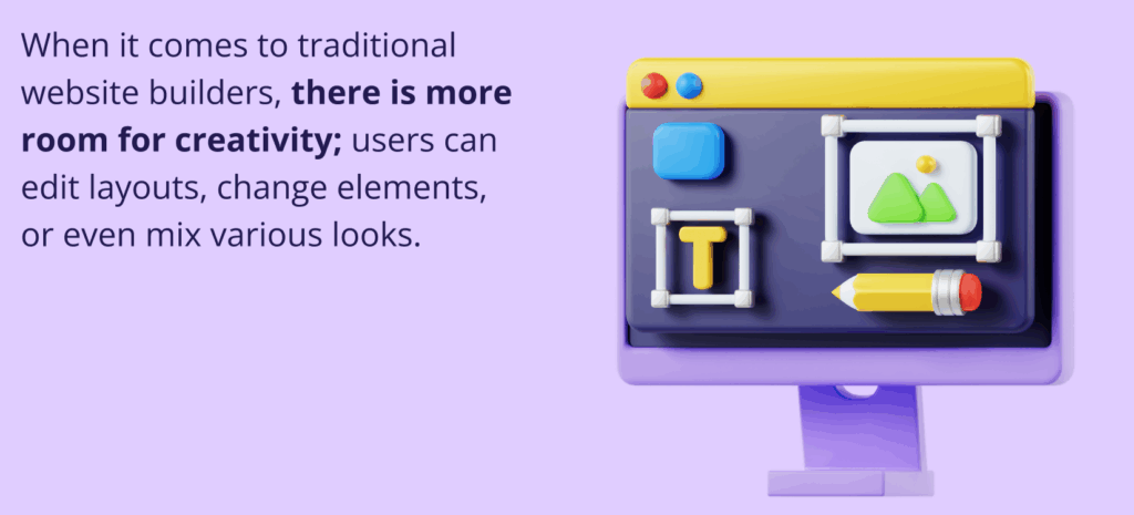 AI Website Builder vs. Traditional Builders: Which One Is Better for Small Businesses? 4 AI Website Builder vs. Traditional Builders: Which One Is Better for Small Businesses. Graphic with 3D icons representing manual editing tools. Text states: "When it comes to traditional website builders, there is more room for creativity".