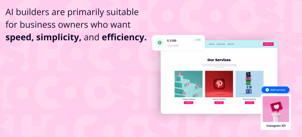 AI Website Builder vs. Traditional Builders: Which One Is Better for Small Businesses? 6 AI Website Builder vs. Traditional Builders: Which One Is Better for Small Businesses. Graphic featuring the Hocoos AI interface displaying a services page and sales metrics. Text states: "AI builders are primarily suitable for business owners who want speed, simplicity, and efficiency".