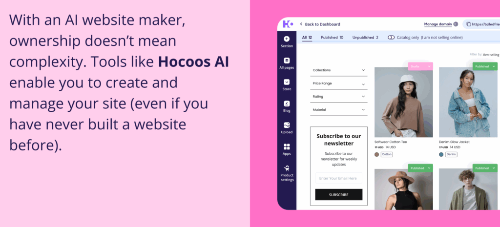 Why a Website Matters More Than Social Media (Backed by Data) 1 Why a Website Matters More Than Social Media (Backed by Data).
An advertisement for the Hocoos AI website maker featuring the Hocoos "H" icon (a stylized blue letter H with a dot) next to a dashboard interface.