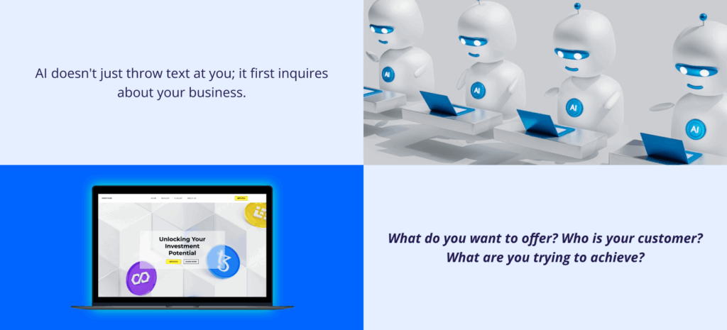 Why a Website Matters More Than Social Media (Backed by Data) 4 Why a Website Matters More Than Social Media (Backed by Data).
A four-panel graphic featuring AI robot icons with "AI" chest emblems seated at laptops, alongside a laptop displaying an "Unlocking Your Investment Potential" website.