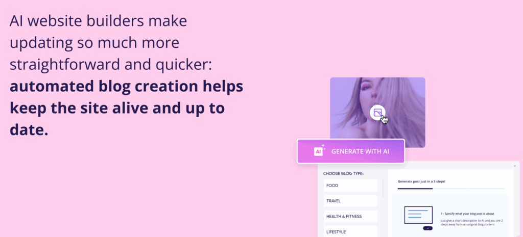 Why Most Small Business Websites Fail (and How AI Fixes It) 4 Why Most Small Business Websites Fail (and How AI Fixes It)
A "Generate with AI" button featuring a white icon of a square with the letters "AI" and two small sparkles. The button is part of a user interface for an automated blog creator, appearing next to a prompt to choose blog types like Food, Travel, and Health & Fitness.