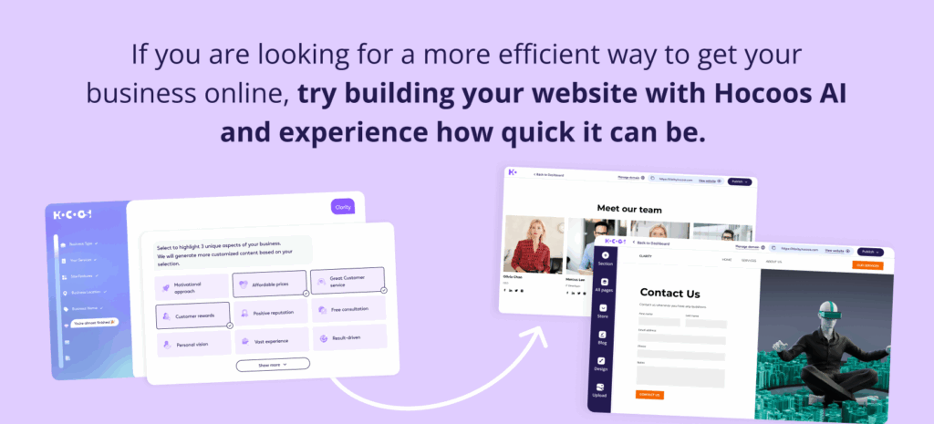 How AI Saves Time for Busy Entrepreneurs: Build a Website in Minutes 7 How AI Saves Time for Busy Entrepreneurs: Build a Website in Minutes.
A promotional graphic for Hocoos AI showing its website builder interface and the resulting modern business website pages.