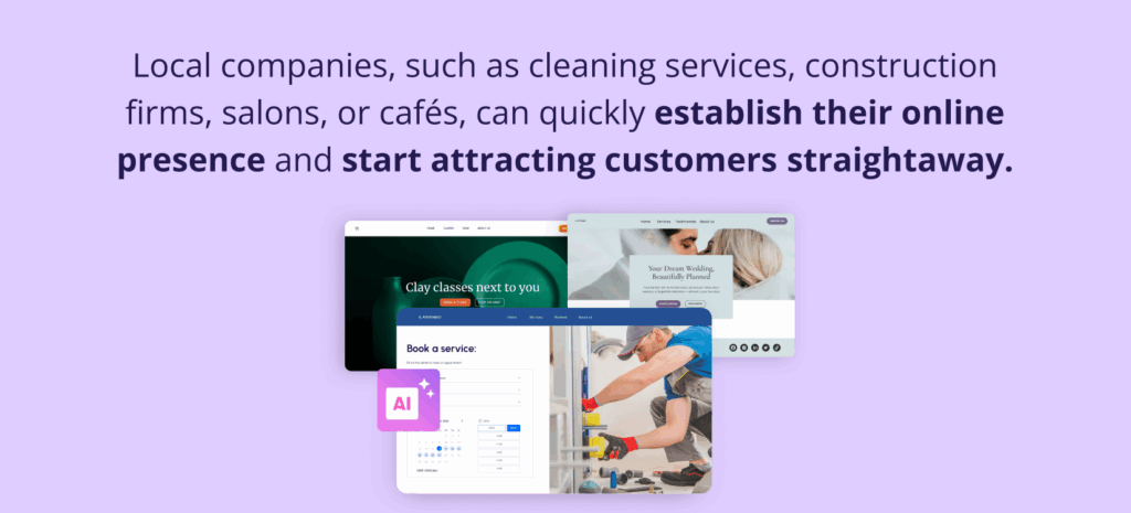How AI Saves Time for Busy Entrepreneurs: Build a Website in Minutes 5 How AI Saves Time for Busy Entrepreneurs: Build a Website in Minutes.
Examples of AI-generated website layouts for local businesses. Text: "Local companies... can quickly establish their online presence and start attracting customers straightaway."
