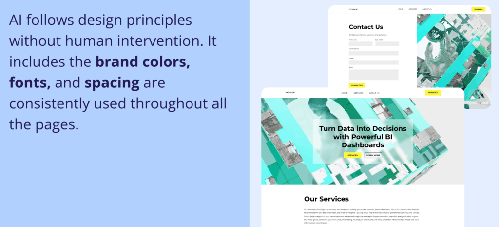 Why Most Small Business Websites Fail (and How AI Fixes It) 1 Why Most Small Business Websites Fail (and How AI Fixes It). Graphic showing two website mockups with consistent teal and lime green branding. Text explains that AI follows design principles without human intervention to ensure brand colors, fonts, and spacing are consistent across all pages. The mockups display a "Contact Us" form and a "Powerful BI Dashboards" hero section.