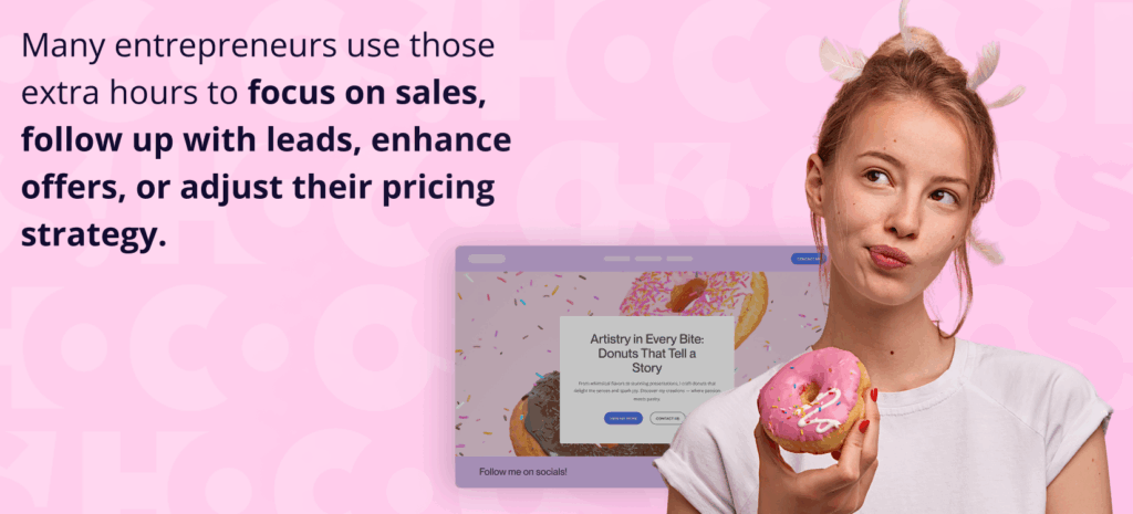 How AI Saves Time for Busy Entrepreneurs: Build a Website in Minutes 6 How AI Saves Time for Busy Entrepreneurs: Build a Website in Minutes.
A woman holding a pink donut and thinking next to a website mockup about donut artistry, featuring text about how entrepreneurs use extra time.
