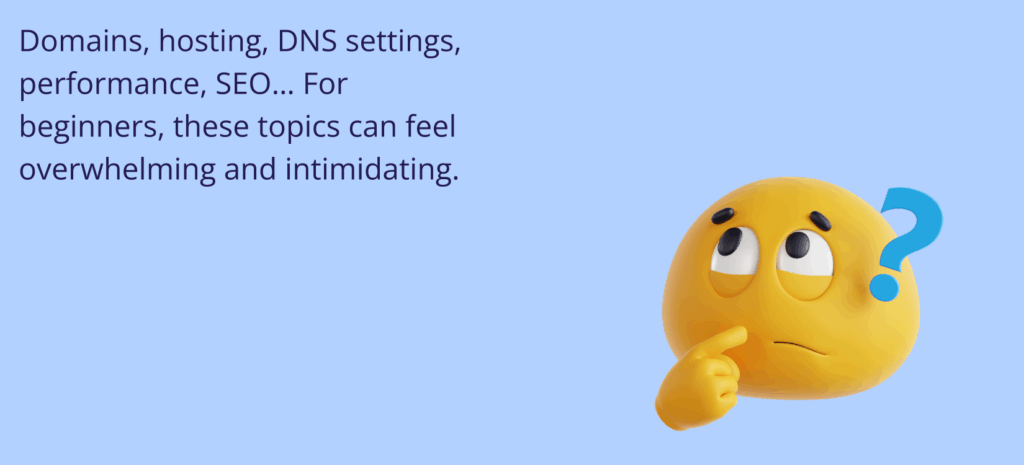 Why Most Small Business Websites Fail (and How AI Fixes It) 5 Why Most Small Business Websites Fail (and How AI Fixes It)
A blue graphic stating that technical topics like domains, hosting, and SEO can feel overwhelming for beginners. The message is illustrated by a 3D thinking emoji icon with a worried expression and a blue question mark.