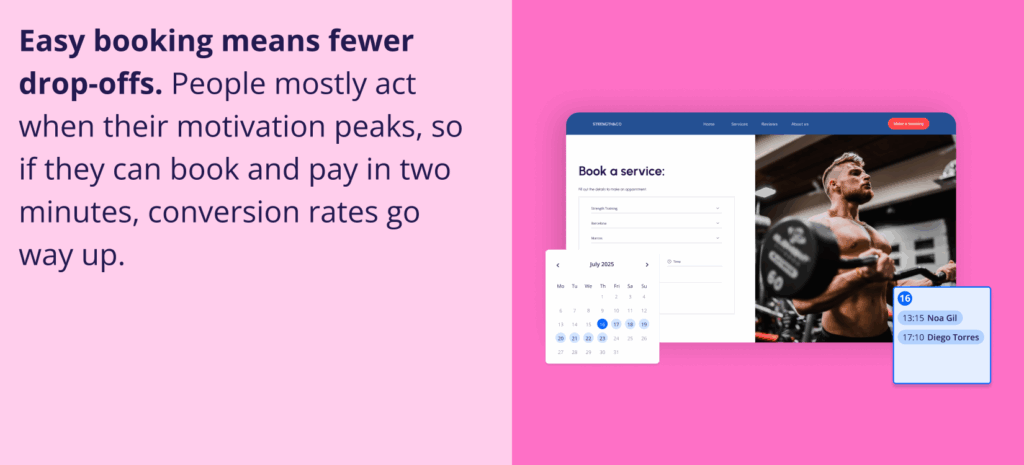 AI Website Builder for Fitness Trainers & Coaches: Sell Sessions Online 3 AI Website Builder for Fitness Trainers & Coaches: Sell Sessions Online and build your business. A booking interface with a calendar and schedule overlay. Text explains that quick "two-minute" booking and payment increase conversion rates by capturing peak motivation.
