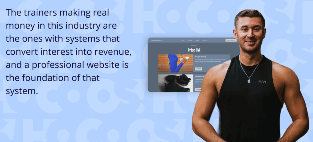 AI Website Builder for Fitness Trainers & Coaches: Sell Sessions Online 7 AI Website Builder for Fitness Trainers & Coaches: Sell Sessions Online and build your business. A fitness trainer standing next to a "Price list" website preview. Text explains that a professional website is the foundation of a revenue-converting system.
