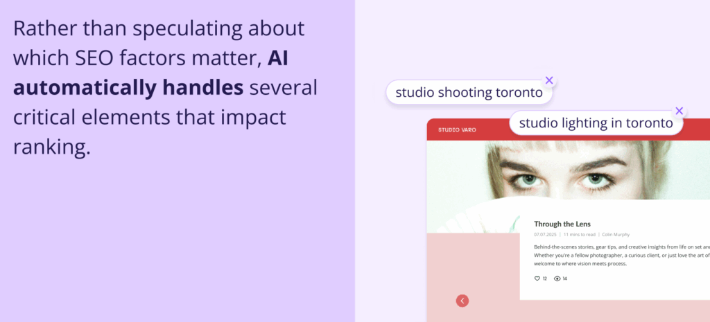 AI Website Builder for Photographers: Build a Portfolio That Gets Clients. Graphic showing how AI automates SEO for photographers. Includes text about AI handling ranking factors and displays search term icons for "studio shooting toronto" over a sample photography website layout.